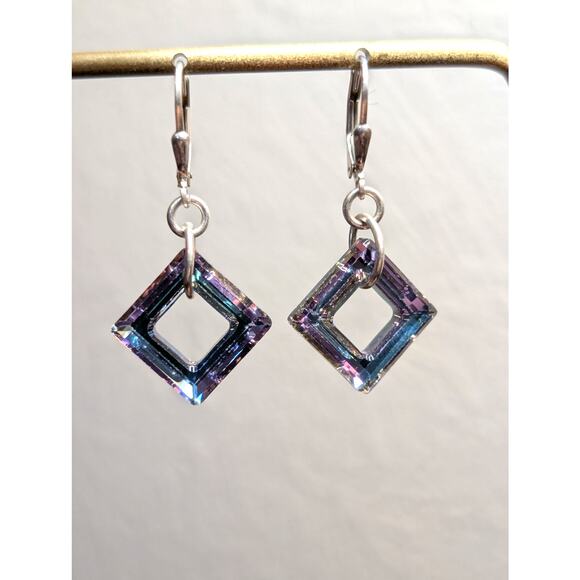 925 Sterling Silver Square Shape Austrian Crystal Drop Lever Back Earrings - Picture 1 of 6